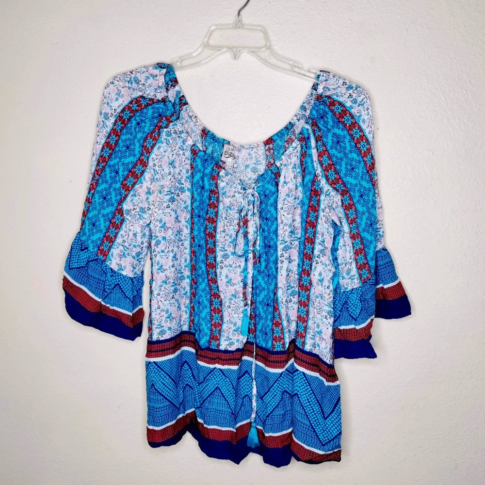 Como Vintage Floral Boho Top sz XL Red White Blue Elastic Neckline Flowy